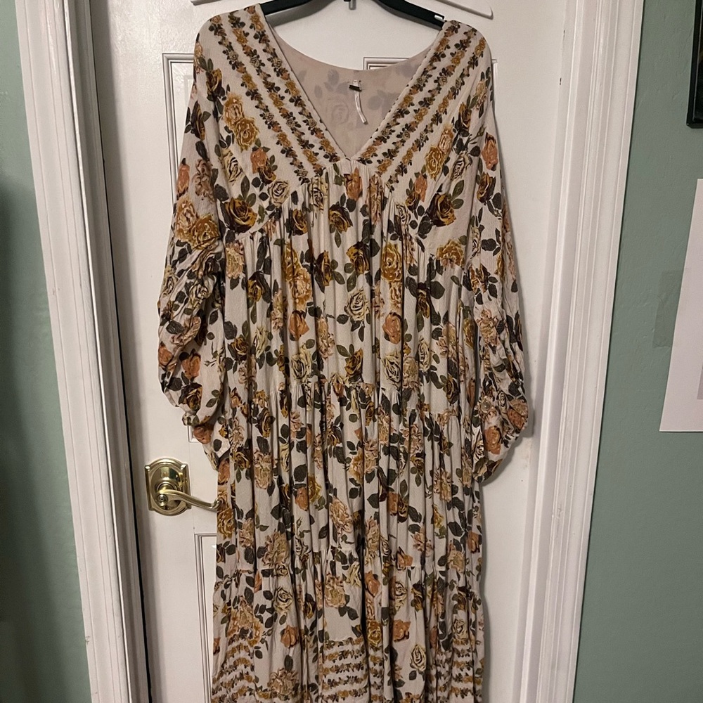 Anthropologie Floral Long Sleeve Dress - Cream and Brown